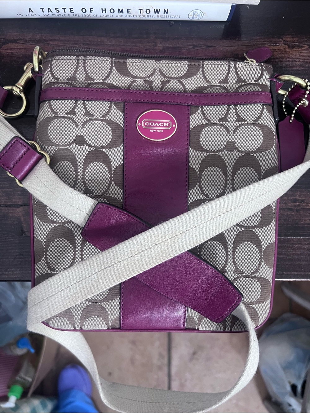Coach Crossbody Bag in Brown and crimson Leather Accents